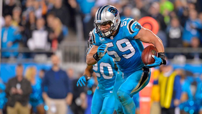 CHARLOTTE, NC - NOVEMBER 17:  Luke Kuechly #59 of the Carolina Panthers returns a blocked field goal against the New Orleans Saints in the second quarter d