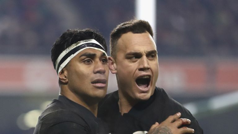 DUBLIN, IRELAND - NOVEMBER 19:  Malakai Fekitoa of New Zealand (L) celebrates his try with Israel Dagg (R) during the international rugby match between Ire