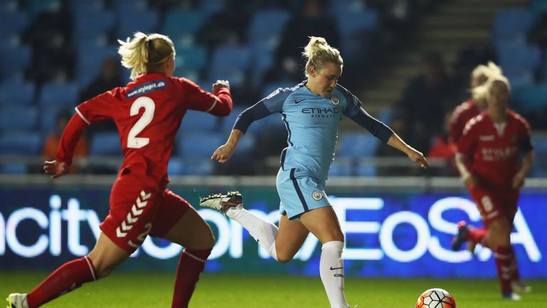 Isobel Christiansen of Manchester City Women takes on Mie Jans of Brondby Ladies during the UEFA Women's Champions League clash