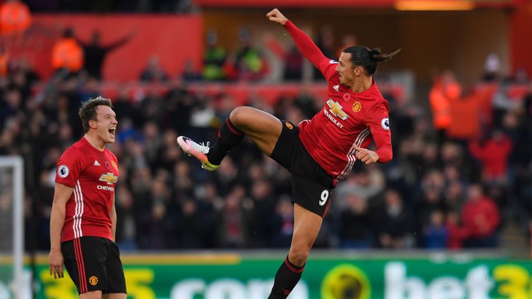 Zlatan Ibrahimovic celebrates after scoring for Man United
