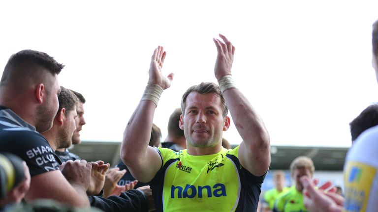 SALFORD, ENGLAND - MAY 9: Mark Cueto of Sale Sharks leaves the field following his final home match before retirement during the Aviva Premiership match be
