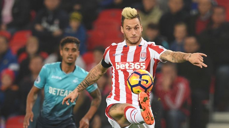Marko Arnautovic controls the ball during the English Premier League football match between Stoke City and Swansea