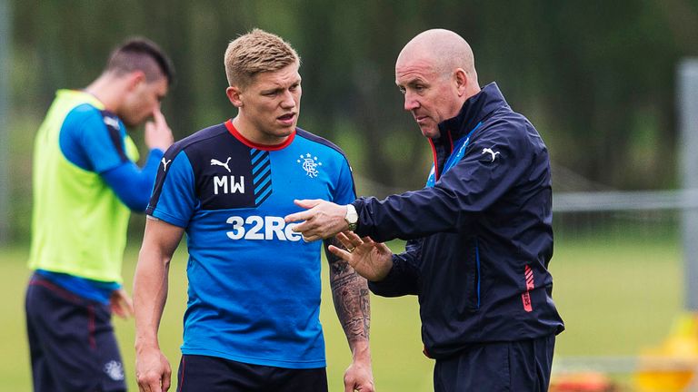 17/05/16 . MURRAY PARK - GLASGOW . Rangers' Martyn Waghorn (left) talks to manager Mark Warburton