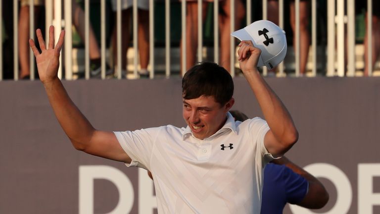 Matthew Fitzpatrick of England celebrates after winning the DP World Tour Championship at Jumeirah Golf Estates in Dubai