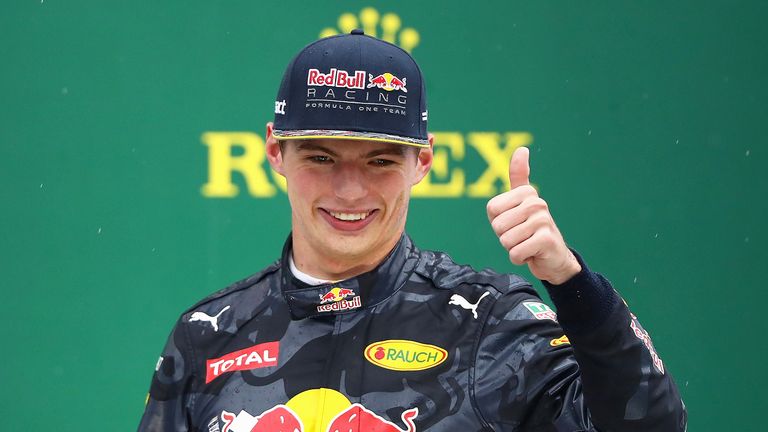 Max Verstappen celebrates his third place finish at the Brazilian Grand Prix