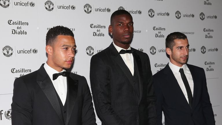 Memphis Depay, Paul Pogba and Henrikh Mkhitaryan arrive at the annual United for UNICEF dinner at Old Trafford