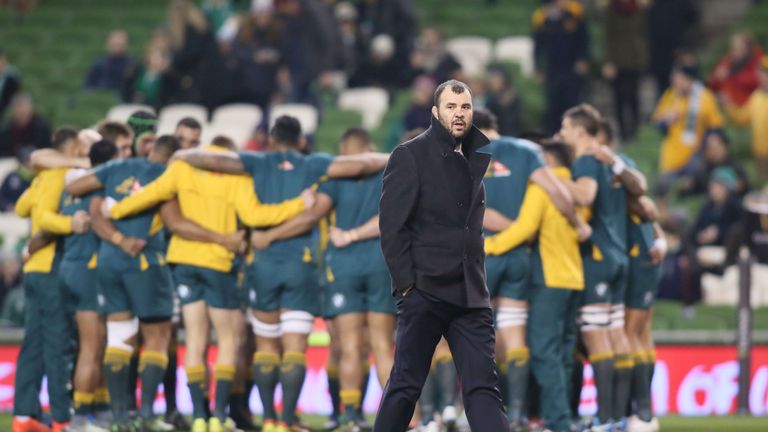 Michael Cheika is pictured on the pitch ahead of the rugby union test match between Ireland and Australia at the Aviva stadium in Dublin 26/11/2016