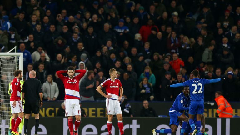 Middlesbrough players look dejected after Leicester's late equaliser