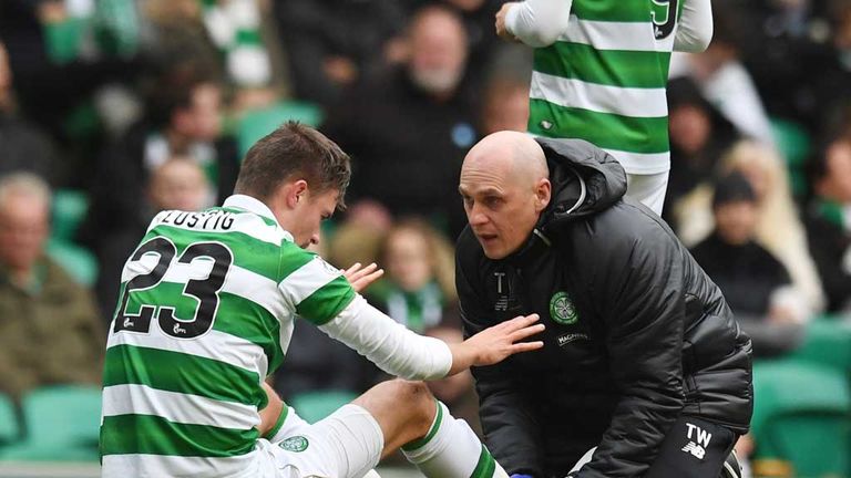Celtic's Mikael Lustig injured his ankle in the first-half against Inverness
