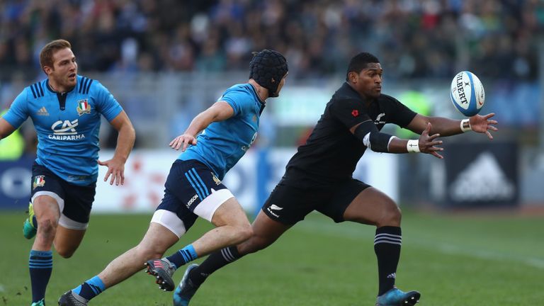 ROME, ITALY - NOVEMBER 12:  Waisake Naholo of the New Zealand All Blacks collects the loose ball during the international rugby match between New Zealand a