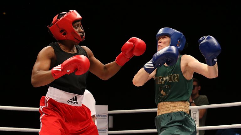 Natasha Gale (red gloves) in action against Nikoletta Paksi 