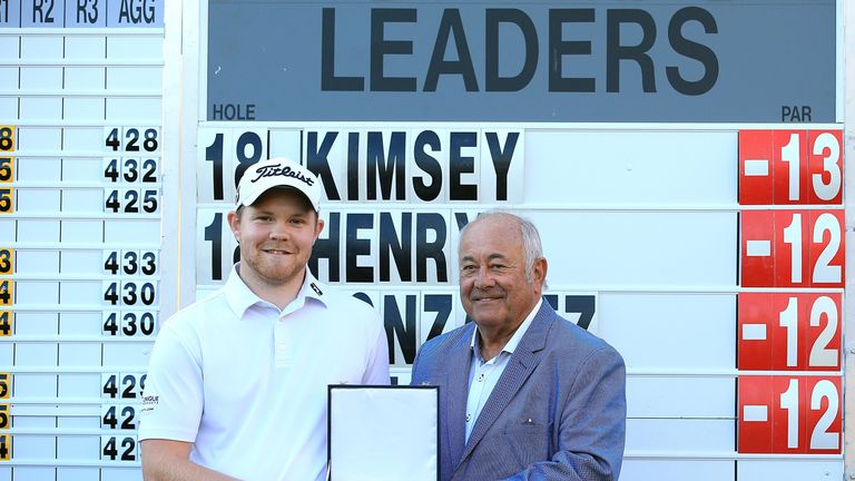 GIRONA, SPAIN - NOVEMBER 17:  Tournament champion Nathan Kimsey of England is presented with his trophy by Vice Chairman of the European Tour, Angel Gallar