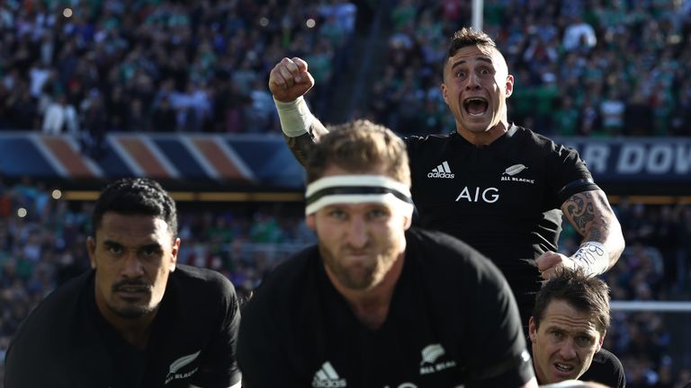 TJ Perenara of New Zealand performs the Haka prior to kick-off 