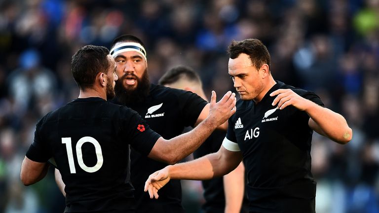New Zealand's Israel Dagg (R) celebrates his try