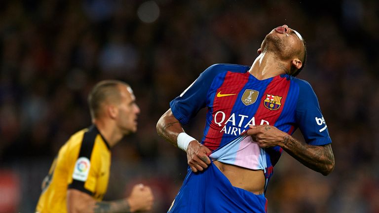 BARCELONA, SPAIN - NOVEMBER 19:  Neymar JR of Barcelona reacts during the La Liga match between FC Barcelona and Malaga CF at Camp Nou stadium on November 