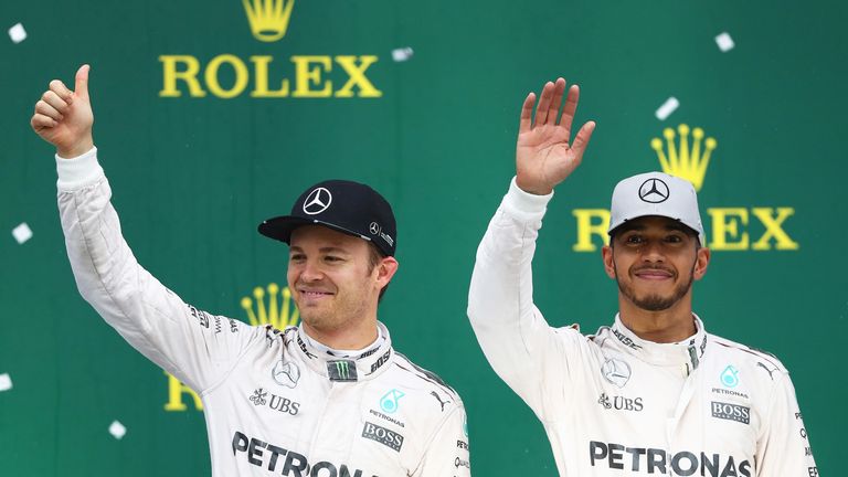 Lewis Hamilton and Nico Rosberg celebrate a Mercedes One-Two at the Brazilian Grand Prix