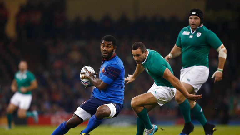 Noa Nakaitaci of France looks to offload during the 2015 Rugby World Cup Pool D match between France and Ireland at Millennium Stadium