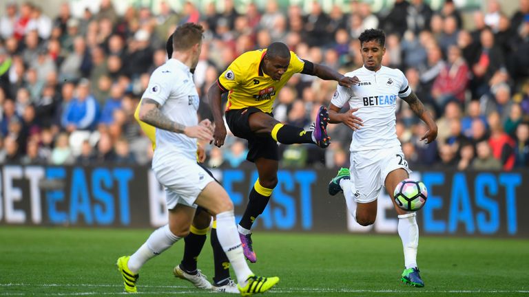 SWANSEA, WALES - OCTOBER 22:  Watford striker Odion Ighalo gets in a shot at goal during the Premier League match between Swansea City and Watford at Liber