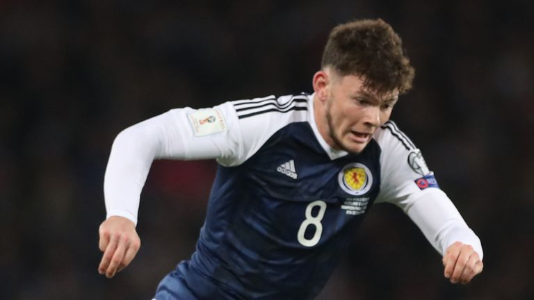 Oliver Burke of Scotland controls the ball during the FIFA 2018 World Cup Qualifier between Scotland and Lithuania at Hampden Park. 