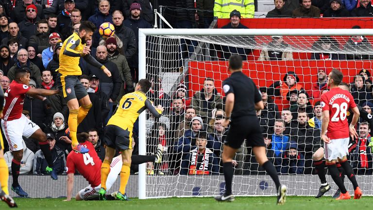 Olivier Giroud heads past David De Gea to equalise for Arsenal