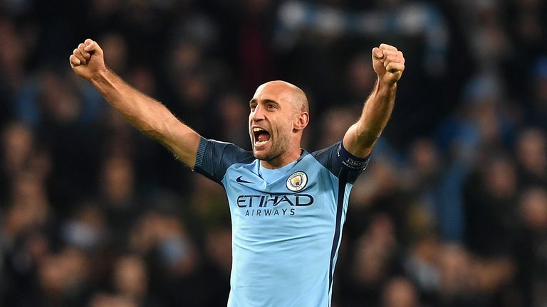 Pablo Zabaleta of Manchester City celebrates his side's win over Barcelona