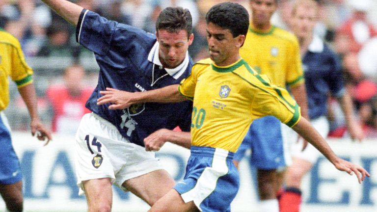 Paul Lambert playing for Scotland against Brazil in 1998