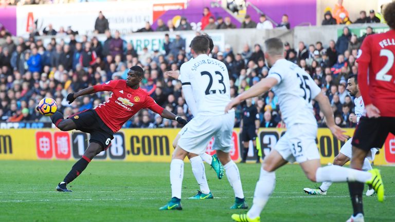 Manchester United's Paul Pogba volleys home their opener against Swansea