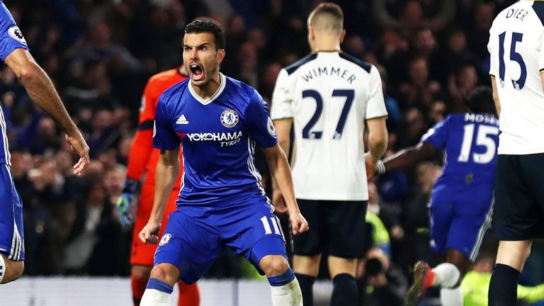 Pedro celebrates his goal for Chelsea, as Tottenham lost their first league game of the season