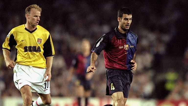 Josep Guardiola of Barcelona in action during the European Champions League Group match against Arsenal at the Nou Camp Stadium, Barcelona, S
