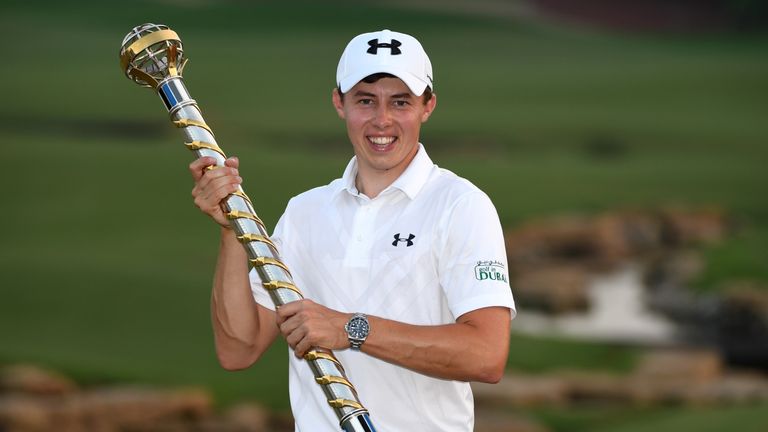 DUBAI, UNITED ARAB EMIRATES - NOVEMBER 20:  Matt Fitzpatrick of England poses with the trophy following his victory during day four of the DP World Tour Ch