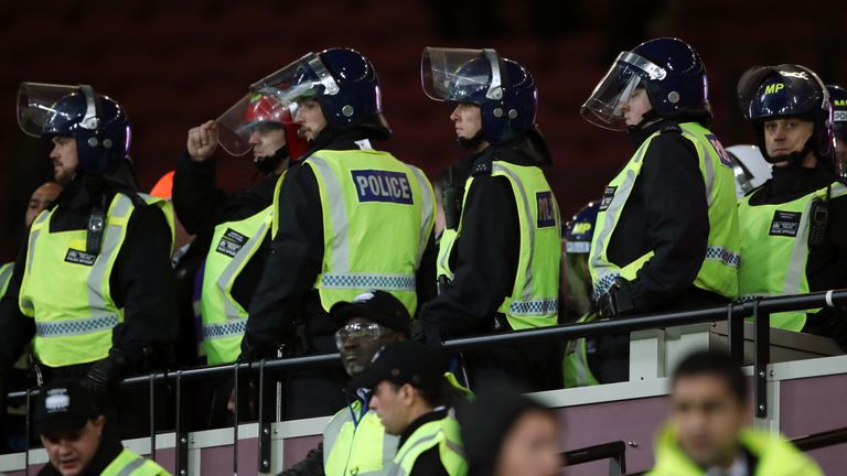 File photo dated 26-10-2016 of Police presence in the crowd during the EFL Cup, round of 16 match at the London Stadium between West Ham United and Chelsea