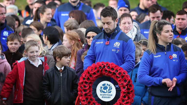 EDINBURGH, SCOTLAND - NOVEMBER 11:  Scotland captain Greig Laidlaw lays a wreath at the War Memorial on Armistice Day at Murrayfield Stadium on November 11