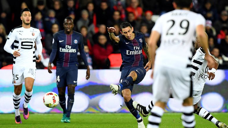 PSG forward Angel Di Maria shoots on goal against Rennes