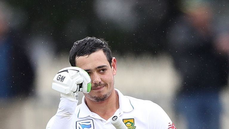 HOBART, AUSTRALIA - NOVEMBER 14:  Quinton de Kock of South Africa celebrates after reaching his century during day three of the Second Test match between A