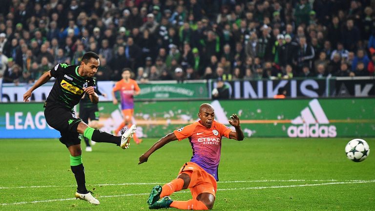 Raffael scores Borussia Monchengladbach's first goal against Manchester City
