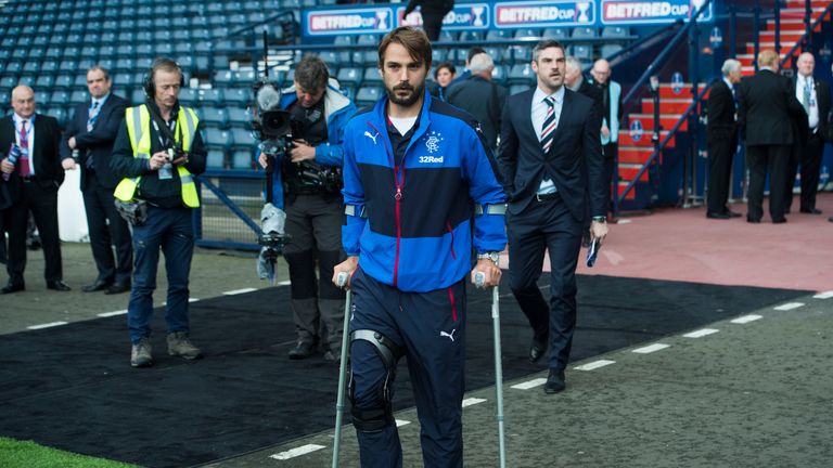 Rangers' Niko Kranjcar arrives at Hampden on crutches