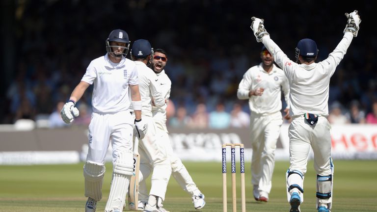 Ravindra Jadeja celebrates dismissing Joe Root during India's 2014 tour of England