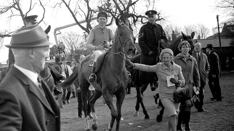 Red Alligator, with happy B. Fletcher in the saddle, being led in after his convincing win in the 1968 Grand National at Aintree, Liverpool. 