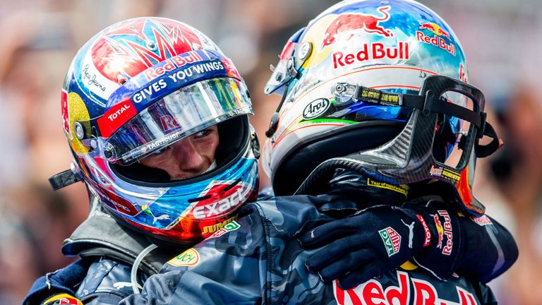 Max Verstappen celebrates with Red Bull team-mate Daniel Ricciardo after winning the Spanish GP - Picture from Getty Images 
