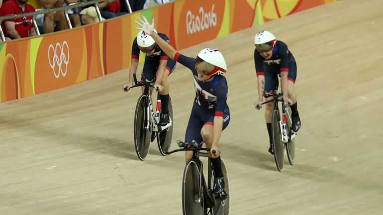 Katie Archibald, Laura Trott, Elinor Barker, Joanna Rowsell-Shand of Great Britain celebrate winning the gold medal.