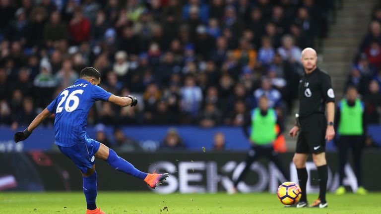 Riyad Mahrez converts from the spot to equalise for Leicester against Middlesbrough