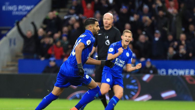 Leicester City's Riyad Mahrez celebrates scoirng his side's first goal