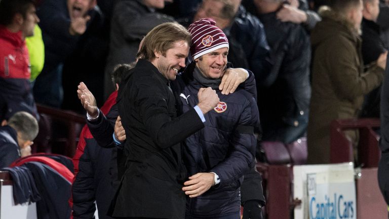 Neilson and coach Stevie Crawford - believed to be heading south with him - celebrate the win over Rangers