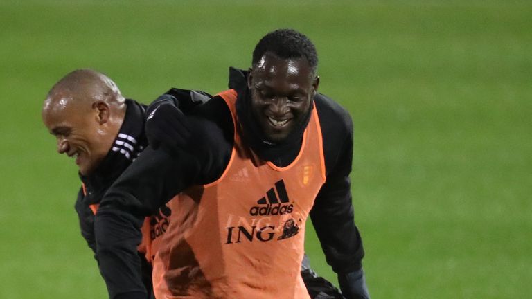 Belgium's defender Vincent Kompany and Belgium's Congolese forward Romelu Lukaku attend a training session of the Belgian national football team on Novembe