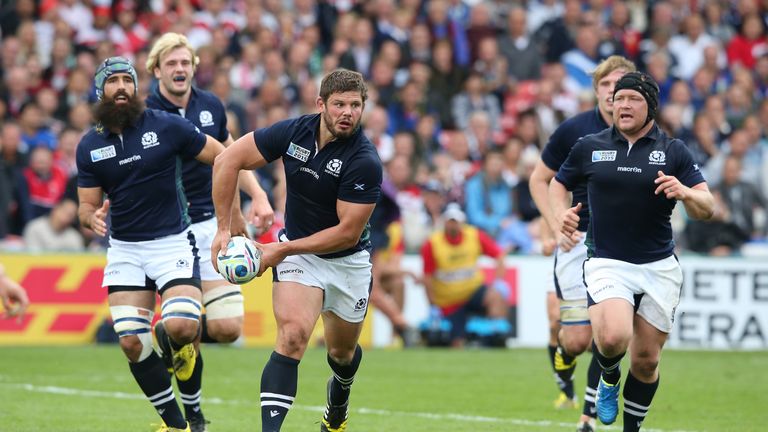 GLOUCESTER, ENGLAND - SEPTEMBER 23:  Ross Ford of Scotland breaks with the ball during the 2015 Rugby World Cup Pool B match between Scotland and Japan at 