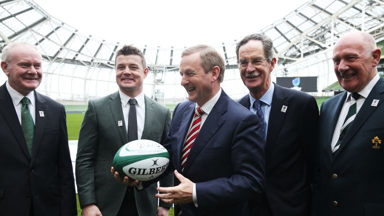 Enda Kenny (centre) with (from left) Martin McGuinness, Brian O'Driscoll, Dick Spring and Stephen Hilditch