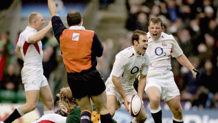 The fly-half celebrates his try during the match against South Africa 14 years ago