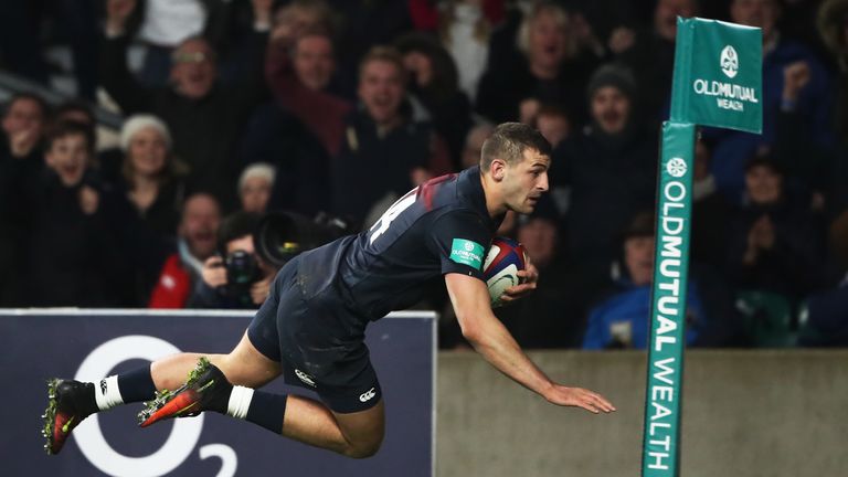 Jonny May scores England's second try against Argentina