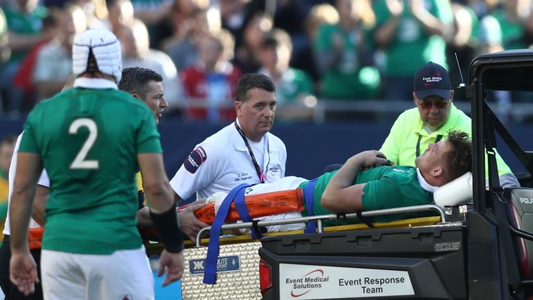 Jordi Murphy is stretchered from the pitch against New Zealand