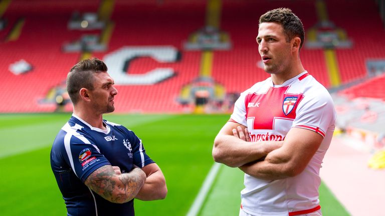 Scotland captain Danny Brough speaks to England skipper Sam Burgess at the Four Nations launch